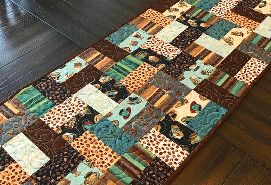 Teal & Brown Coffee Themed Table Runner, Patchwork House Decor, Farmhouse Decor 16" X 40"