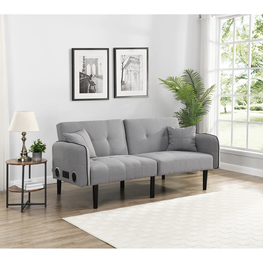 Split Back&Manual Recline Adjustable Folding Loveseat Sofa Bed with 2 Bluetooth Speakers Wireless Audio Stereo, Grey