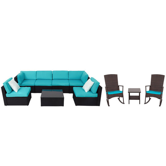 Kinbor 10-Piece Outdoor All-weather Rattan Wicker Furniture Set, Patio Sectional Sofa Set & Rocking Chair Set