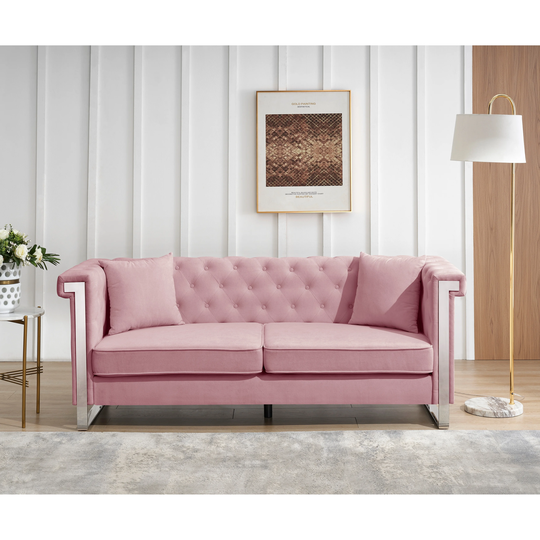 66.1" Chenille Fabric 3 Seat Sofa with 2 Pillows, Button Tufted Back and Silver Metal Leg & Flat Arm for Living Room, Bedroom