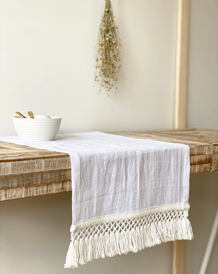 Linen Table Runner With Cotton Macramé. Handmade Runner. Soft & Stonewashed Natural Decor