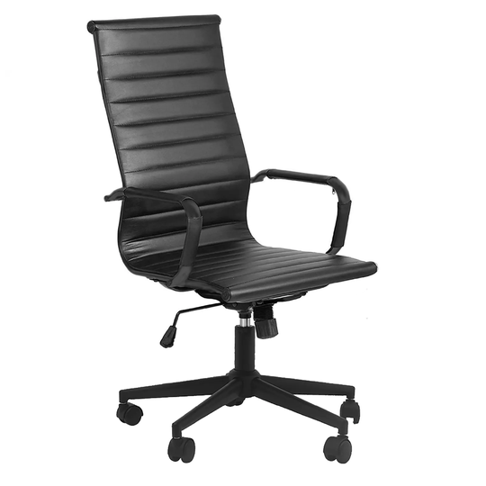 Designer High Back Leather Office Chair Ribbed PU Conference Room Black Executive Boss Swivel With Arms Wheels Seat