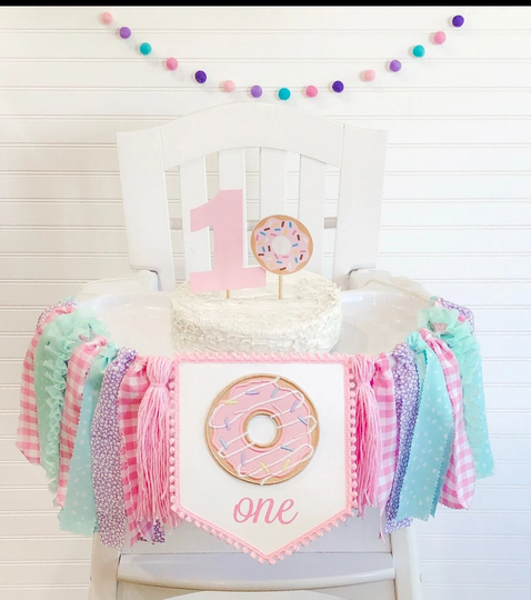 Donut 1st Birthday High Chair Banner, Pink & Tutu, Aqua, Party