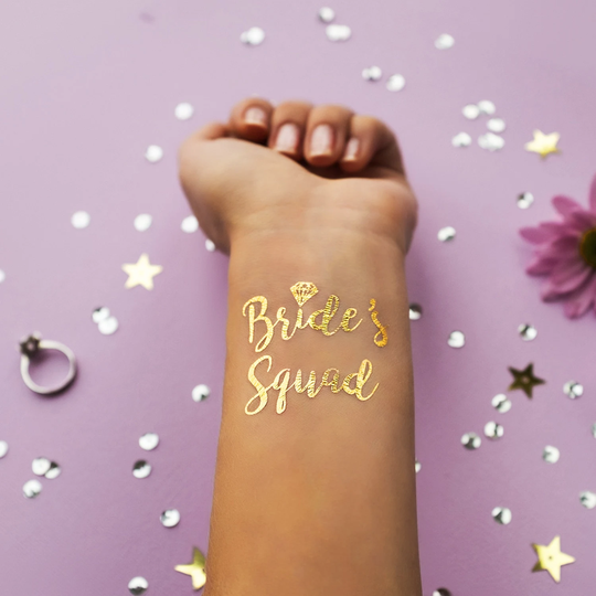 2 Pack Bride's Squad Metallic Temporary Tattoo | Bachelorette Party Favor Bridesmaid Wedding Flash Hen Bridal Gift