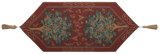 Orange Tree Belgian Tapestry Table Runner 14x35 Inch - Decorative Jacquard Woven Millefleur Style
