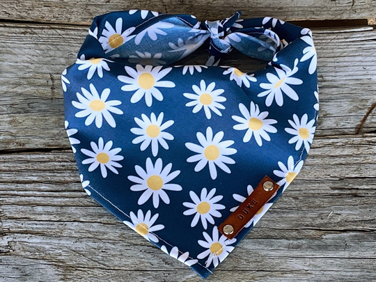 Bandana Dog, Daisies Blue, Dog Bandana, Traditional Tie, Personalized Leather Name Tag Bandanna, Scarf, Pet Accessories