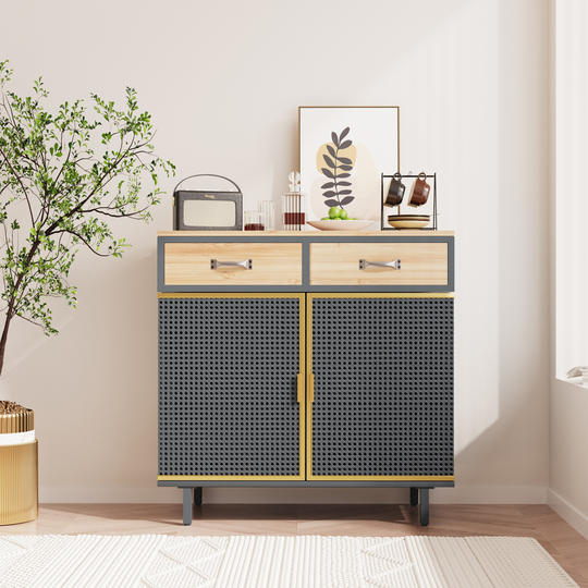 Nostalgic Bamboo Woven Sideboard with 2 Drawers Sideboard Buffet Made of Iron + Carbonized Bamboo, Easy to Assemble 31.5"