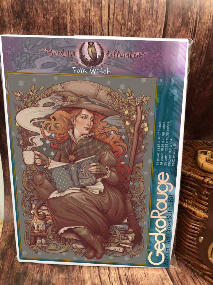 Folk Witch By Medusa Dollmaker' - Dmc Cotton 14 Count Count 2x1 Or 28 2x2 Modern Cross Stitch Art Kit