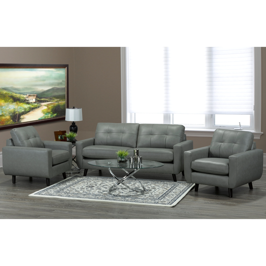 Gracie Mid Century Modern Grey Top Grain Italian Leather Tufted Sofa and Two Chairs