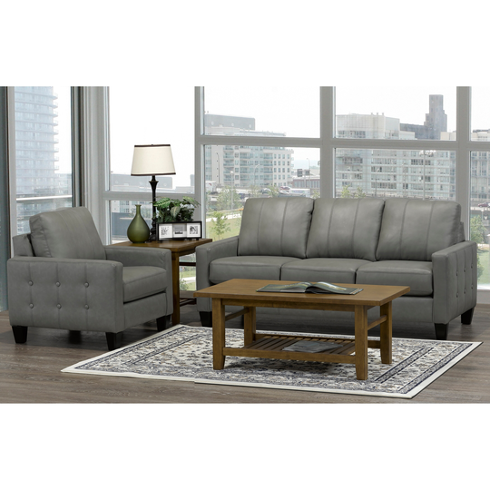 Roy Mid Century Modern Grey Top Grain Italian Leather Tufted Sofa and Chair