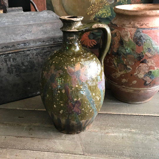 Rustic French Olive Oil Jug, Floral Painted, Pottery, Pitcher, Terra Cotta, Farmhouse, Farm Table