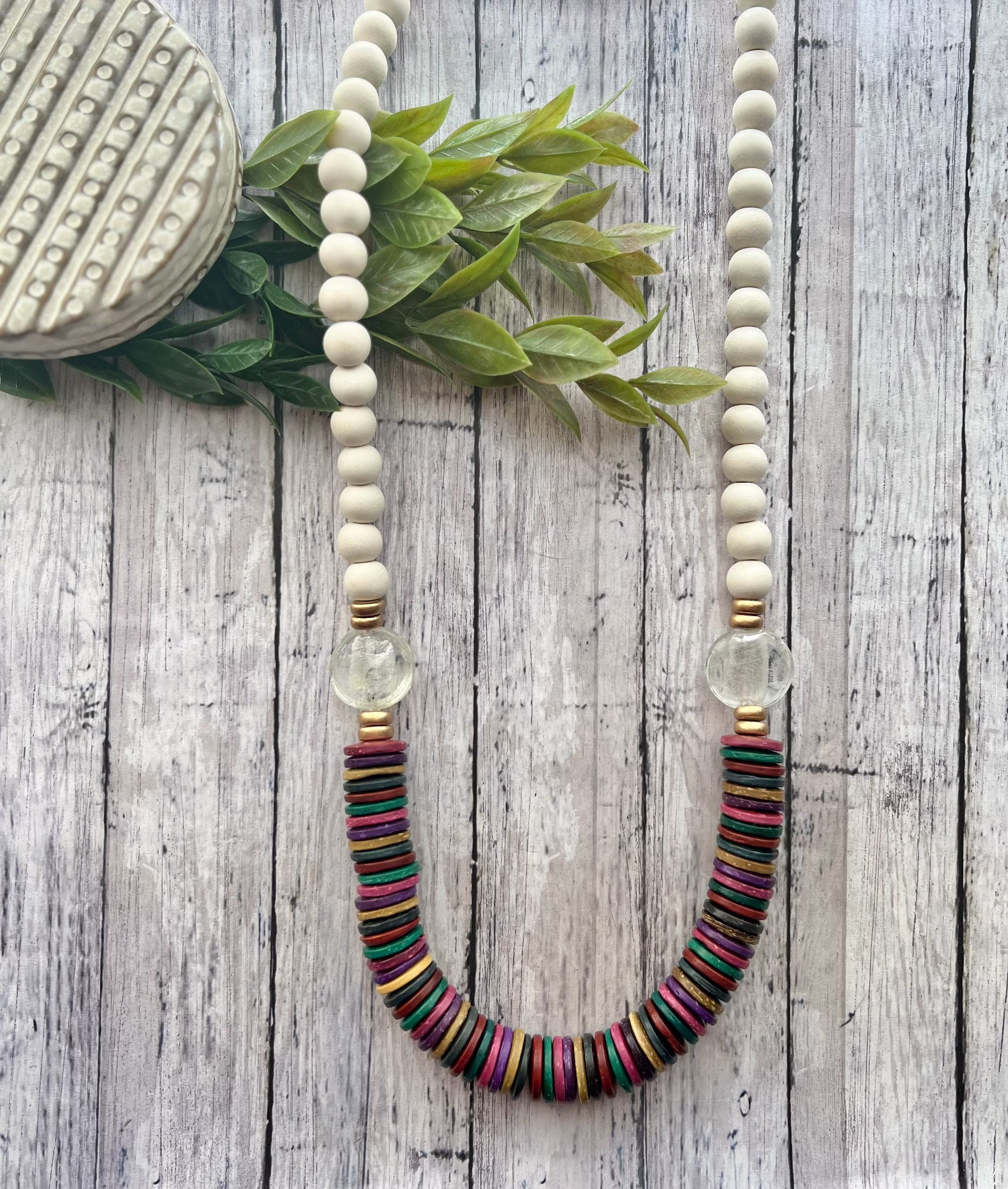 Colorful Necklace. Wood Beads. White Wood Bead Necklace. Statement