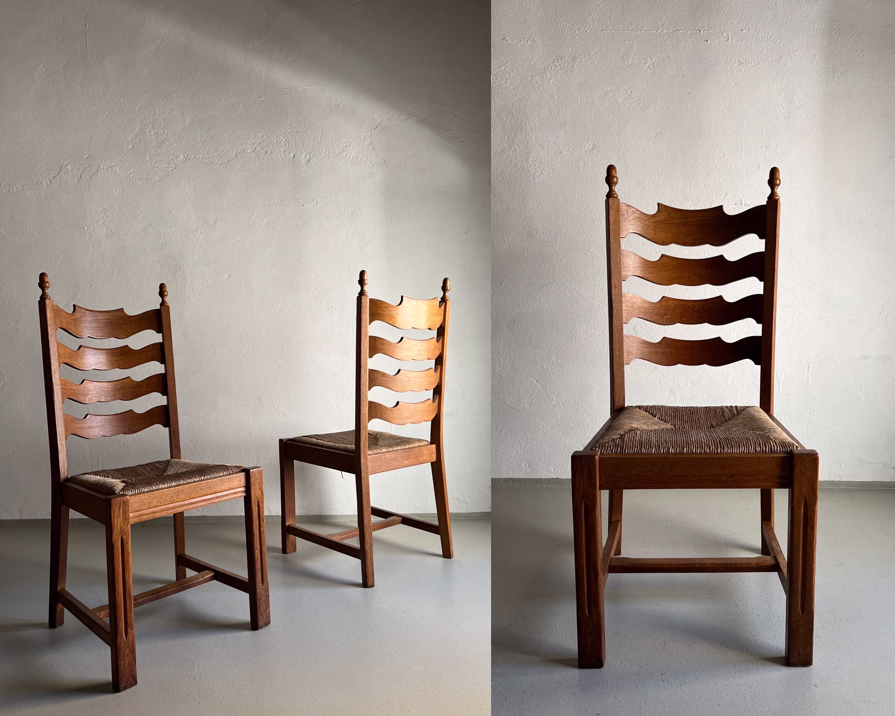 2 Oak Rush Seat Chairs/Scalloped Dining Chair High Back Vintage