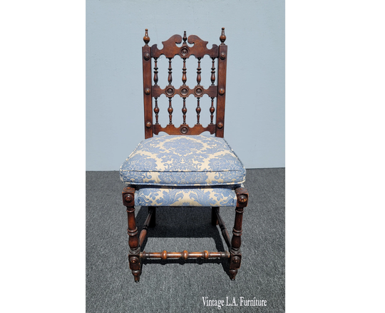 Vintage French Country Ornate Spindle Back Blue Damask Side Chair