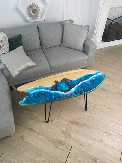 Epoxy Resin Table With Turtle, Surf Board Table, Beach House, Surfboard, Ocean Decor, Surfing Art, Tropical Hawaii