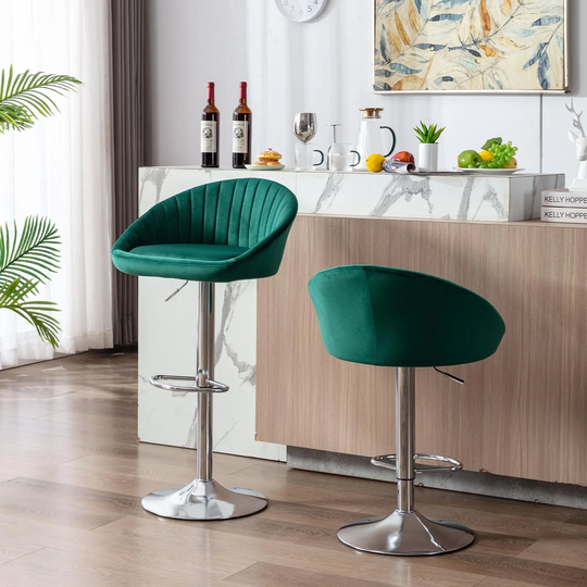 Modern Adjustable Counter Height Bar Stools/Dining Chairs With Back and Footrest, Emerald Flannelette, Set of 2