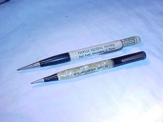 2 Advertising Mechanical Pencils - W.a. Laidlaw Wire Company, Peoples Federal Savings & Loan, Both in Peoria, Illinois