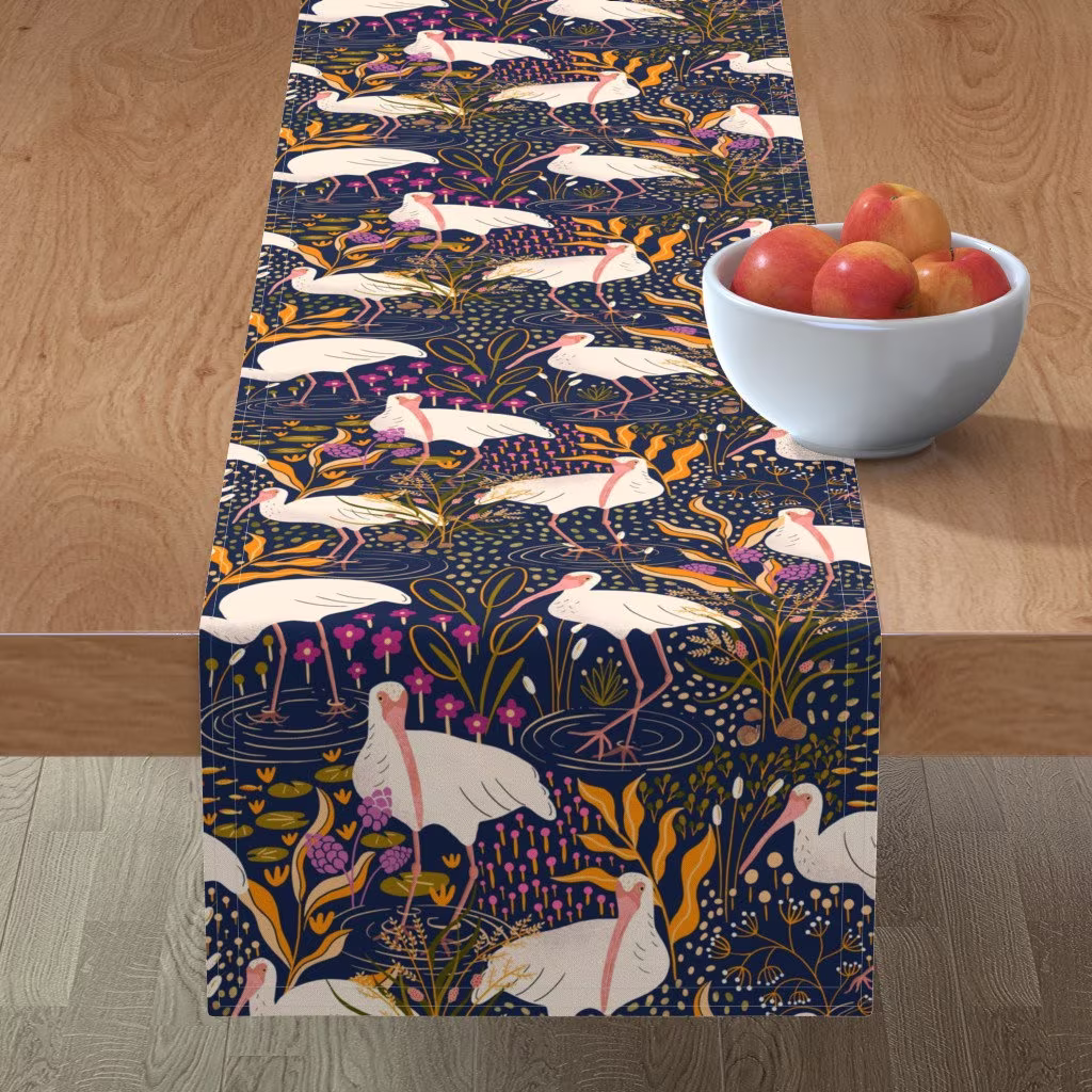 Nautical Birds Table Runner - Wetland Wild Grasses By Trendy Creation Prints Pink White Blue Cotton Sateen Spoonflower