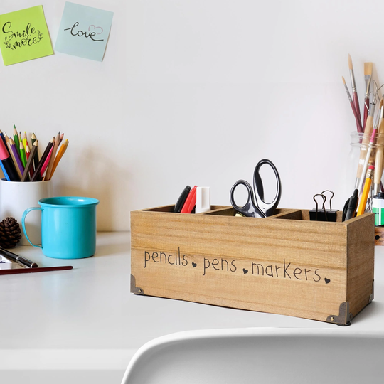 Addie Joy Pens, Pencils, Markers Rectangle 3-Opening Wood Desk Organizer - Wood Wash