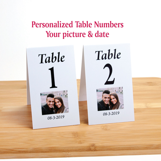 Wedding Table Numbers - Custom Printed with Picture & Date, Choose Number Sequence, Plastic Tent Style, Free Shipping