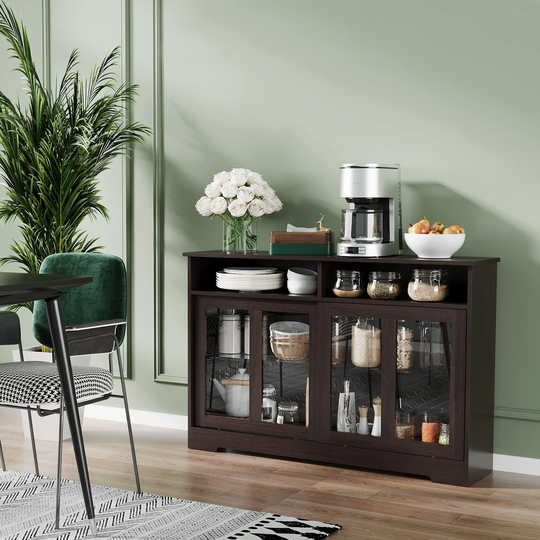 HOMCOM Modern Kitchen Storage Sideboard, Buffet Cabinet, Sliding Glass Doors Cupboard with Adjustable Shelf, Dark Brown