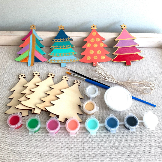 Diy Christmas Kit, Ornament Painting Craft, Wooden Tree, Mod Stocking Stuffer, Party Craft