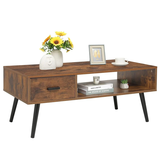 Mid Century Coffee Table with Drawer and Storage Shelf for Living Room, Wood Cocktail Table