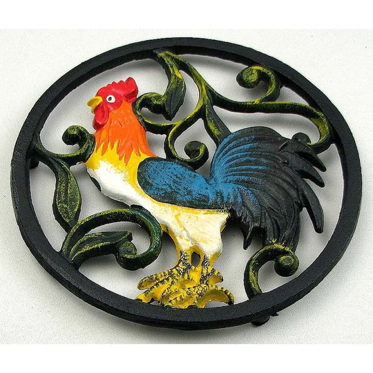 Colorful Cast Iron Rooster Trivet - 7 1/4" L x 7 1/4" W x 5/8" D