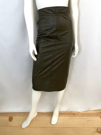 Vintage 80's Olive Green, Leather, Fully Lined, Pencil Skirt | S