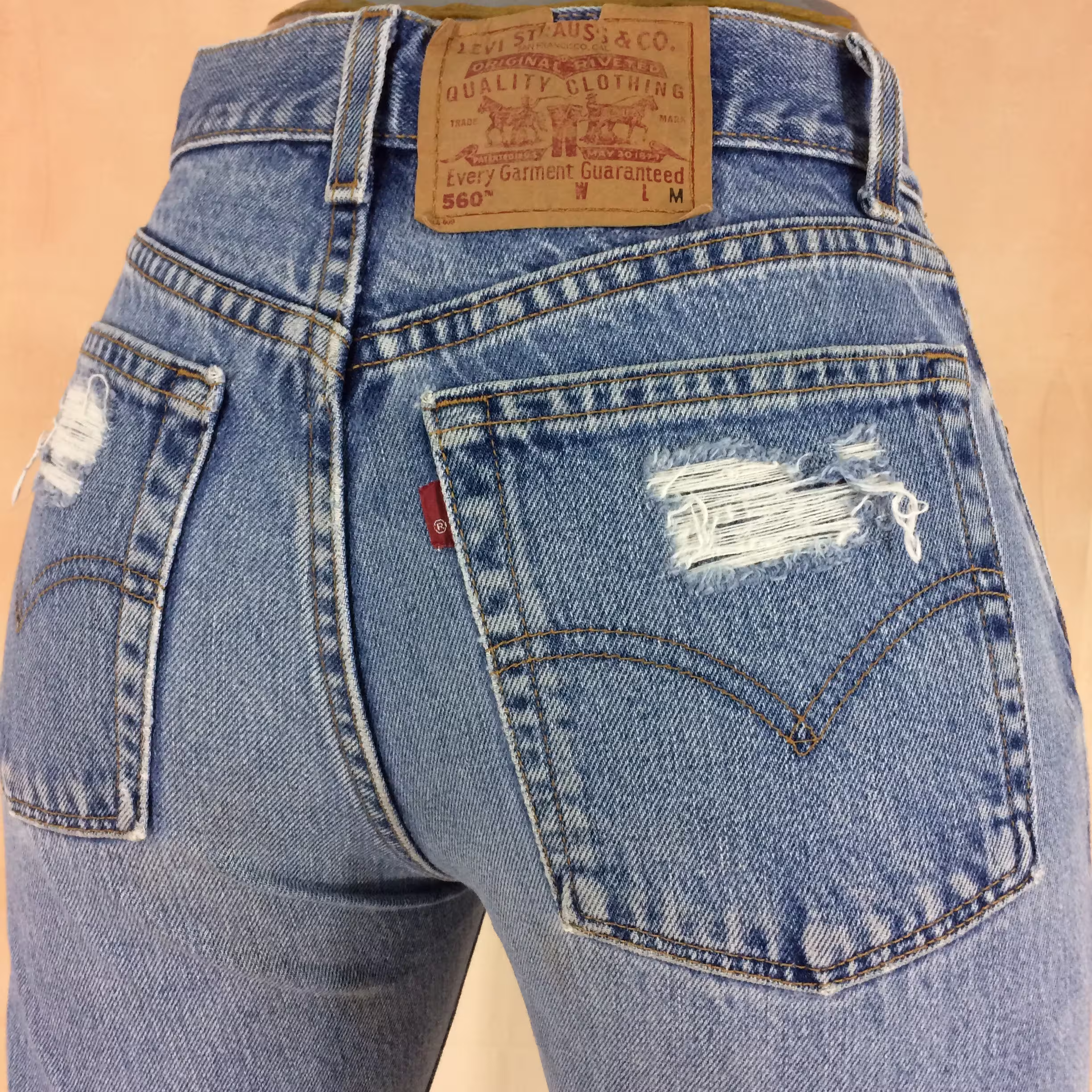 Size 26 Vintage Levis 560 Altered Reworked Light Wash Distressed Ripped Slim Fit Tapered Leg Jeans Waist 26"