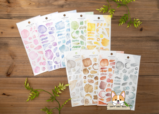 1 Or 3 Pc Set | Mind Wave Watercolor Tracing Paper Stickers Pink - Purple Blue Green Yellow Beige Brown Terracotta Gray