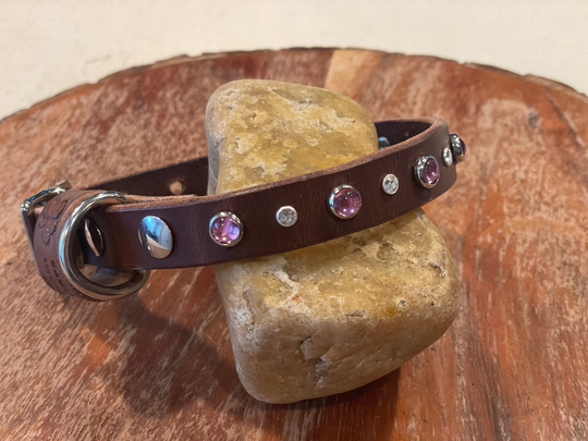 Leather Collar Swarovski Crystals & Cabochon, Cat Collar, Brown For X-Small Dogs, 5/8" Wide Latigo Leather