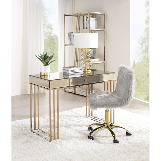 Arundell Office Chair in Gray Faux Fur Gold Finish