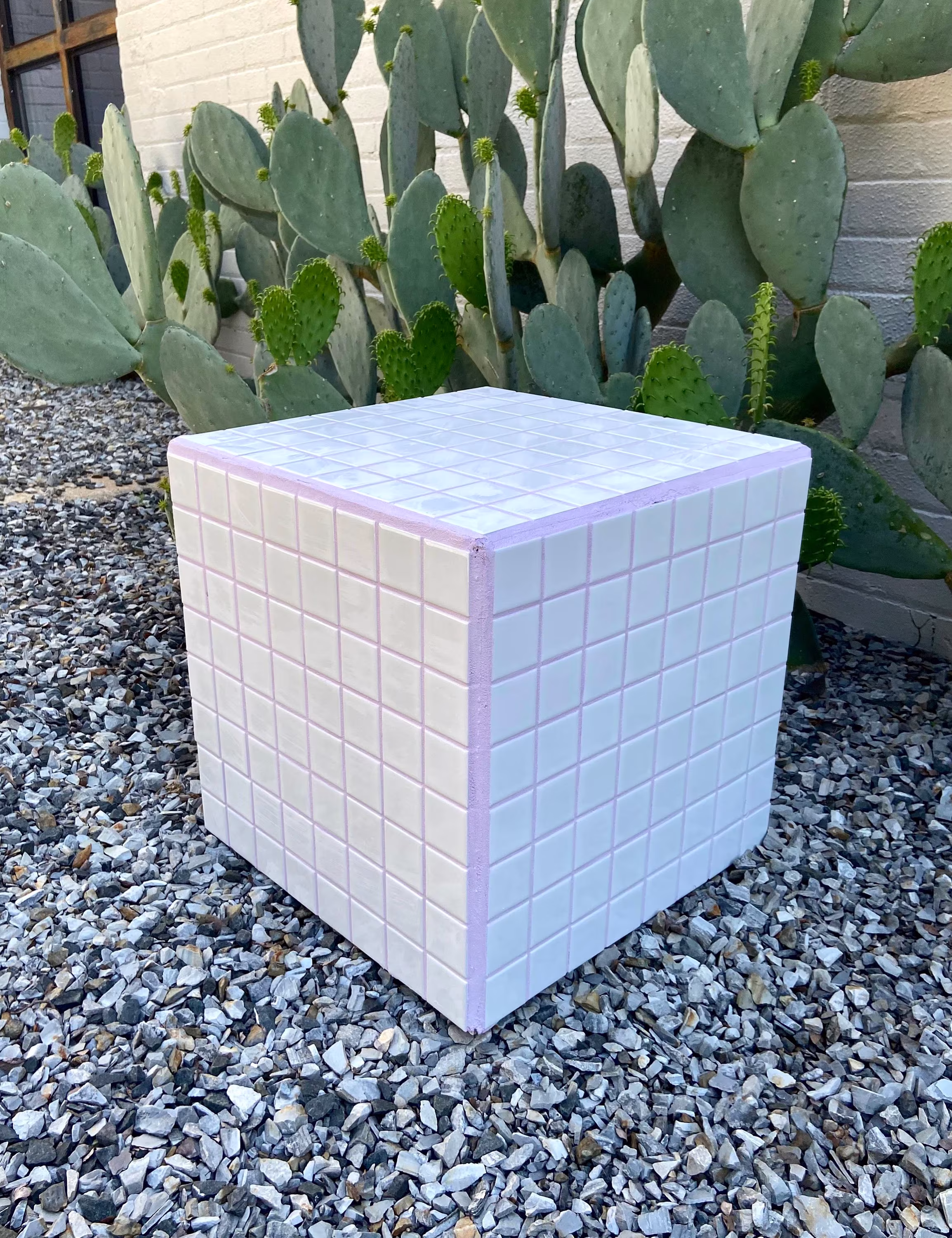 Tiled Cube Accent Table Nightstand White & Pastel