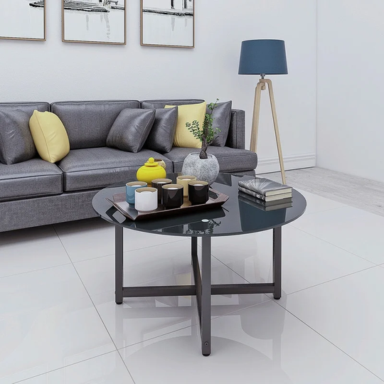 Black Small Round Glass Coffee Table Center Table for Living Room