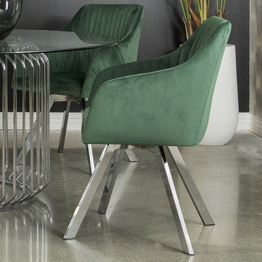 Modern Art Deco Design Green Velvet Dining Chair with Chrome Swivel Base