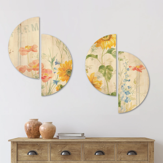 Designart 'Floursack Florals I' Floral & Botanical Wood Wall Art Set of 4 Half Circles - Multi-Color