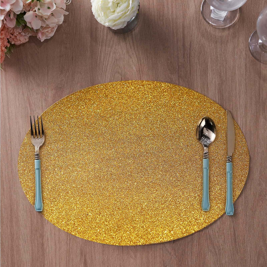 6 Pack | Gold Sparkle Placemats Non Slip Decorative Table Placemat, Oval With Glitter Sparkles