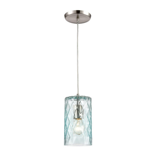 Diamond Pleat 1-Light Mini Pendant in Satin Nickel with Light Aqua Diamond Pattern Glass