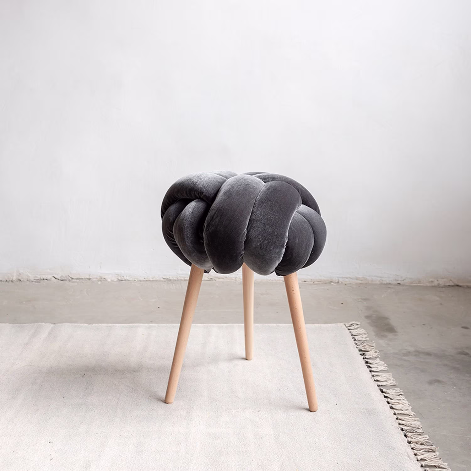 Grey Velvet Knot Stool, Design Chair, Modern Industrial Wood