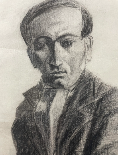 1930S French Large Pencil Drawing. Portrait Of A Frenchman Wearing Suit