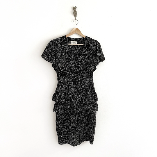80's Vintage Peplum Pencil Dress in Black & Cream Confetti Polka Dot // Midi Dress Medium