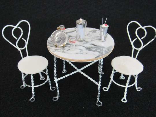 Miniature Table & 2 Chairs - Metal Ice Cream Soda Malt Shop Dollhouse Furniture Kitchen Dining 112 Scale 1"