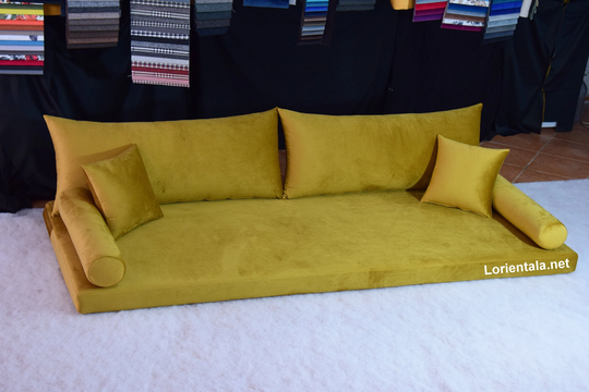 Velvet Gold Floor Sofa Turkish Arabic Living Room, Oriental Moroccan Home Decor Couch, Cushions Pillows, Yoga Meditation Modern Floor Bed Seat