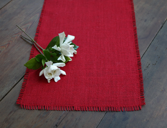 Red Burlap Table Runner With Fringe