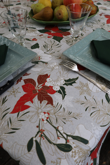 xmas Rectangular Table Cloth So Easy Care Extra Long Or Small Kitchen Linen Red Poinsettias Holy Flowers Floral Print Holiday Setting