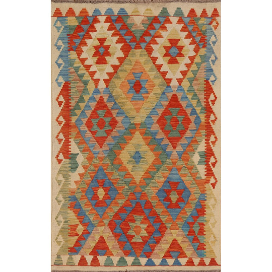 Multi-Color Kilim Geometric Area Rug Flat-weave Wool Carpet - 3'4" x 5'3"