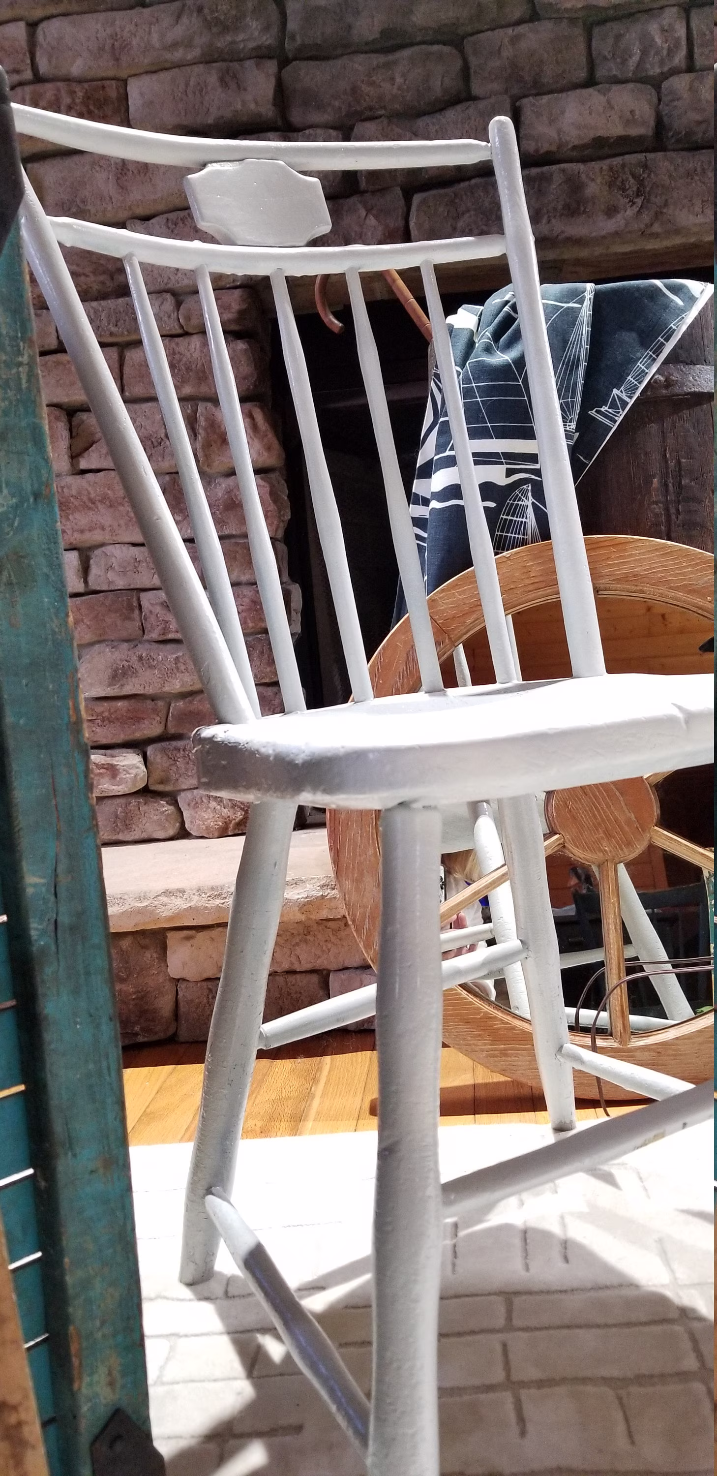 Early 1800's Primitive Bird Cage Windsor Spindle Chauvered Plank Seat Painted Farmhouse Chair