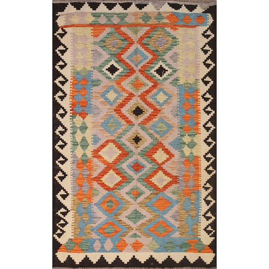 Multi-Color Geometric Kilim Oriental Area Rug Hand-woven Wool Carpet - 3'11" x 6'2"