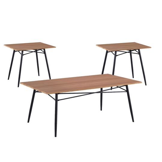 3 Piece Wood Table Set with Metal Base in Light Brown and Black